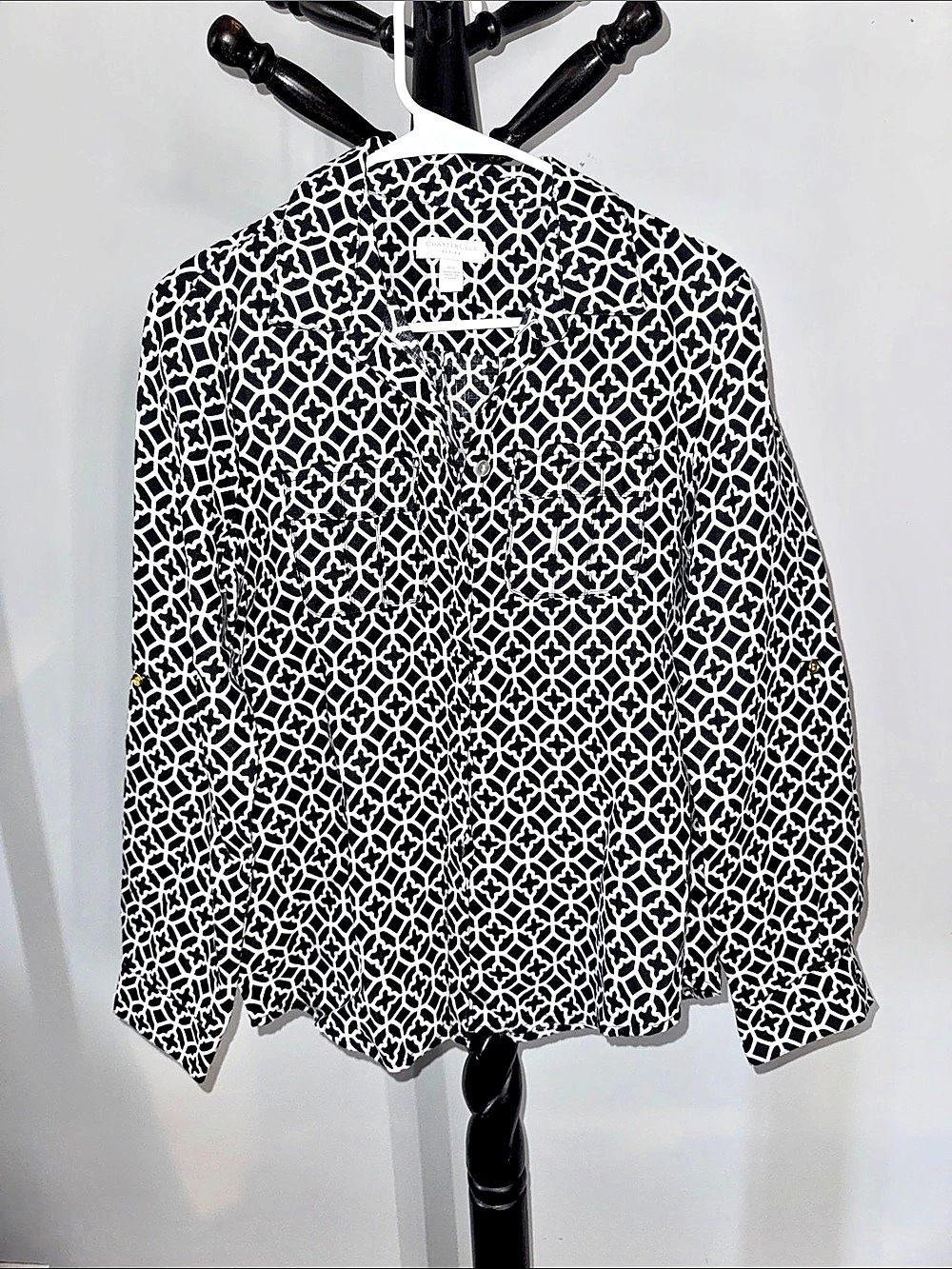 Charter Club Clover Blouse in Black & White Size Small Like New 31.T